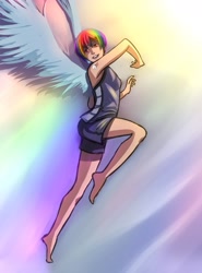 Size: 1275x1725 | Tagged: dead source, safe, artist:ninjaham, character:rainbow dash, species:human, acdsee, armpits, barefoot, clothing, feet, female, flight, flying, gym shorts, humanized, kneepits, multicolored background, multicolored hair, open mouth, pink eyes, rainbow hair, repdigit milestone, short hair, short hair rainbow dash, shorts, skinny, smiling, solo, spread wings, tank top, winged humanization, wings