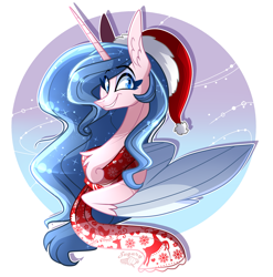 Size: 3353x3396 | Tagged: safe, artist:sugaryicecreammlp, oc, oc:sparkdust knight, species:alicorn, species:pony, bust, christmas, clothing, female, hat, holiday, mare, portrait, santa hat, scarf, solo, two toned wings, wings