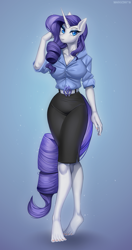 Size: 737x1400 | Tagged: safe, artist:margony, character:rarity, species:anthro, species:plantigrade anthro, species:pony, species:unicorn, barefoot, blouse, breasts, busty rarity, curvy, eyeshadow, feet, female, hourglass figure, looking at you, makeup, mare, solo