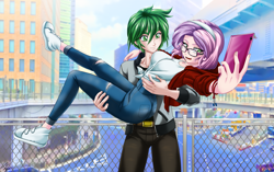 Size: 3061x1926 | Tagged: safe, artist:mauroz, character:spike, character:sweetie belle, species:human, ship:spikebelle, absurd file size, anime, bridal carry, carrying, clothing, converse, cute, duo, female, glasses, humanized, lucky, male, older, older sweetie belle, pants, shipping, shoes, straight
