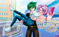 Size: 3061x1926 | Tagged: safe, alternate version, artist:mauroz, character:spike, character:sweetie belle, species:human, ship:spikebelle, absurd file size, anime, armpits, clothing, converse, cute, duo, female, glasses, humanized, lucky, male, older, older sweetie belle, pants, shipping, shoes, straight