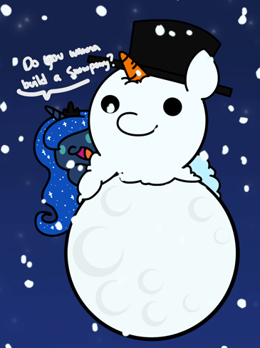 Size: 365x487 | Tagged: safe, artist:flutterluv, character:princess luna, species:alicorn, species:pony, animated, chibi, cute, do you want to build a snowman, female, frozen (movie), gif, snow, snowman, tangible heavenly object