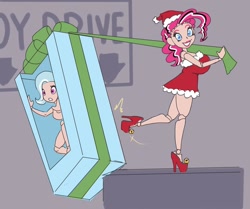 Size: 1280x1068 | Tagged: safe, artist:moronsonofboron, character:pinkie pie, character:trixie, species:human, ball joint boutique, ball jointed doll, christmas, clothing, costume, doll, dollified, dress, duo, gothic pinkie, high heels, holiday, humanized, inanimate tf, kicking, peril, present, santa costume, shoes, transformation