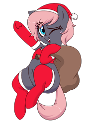 Size: 1500x2100 | Tagged: safe, artist:notenoughapples, oc, oc:vedalia rose, species:earth pony, species:pony, christmas, clothing, hat, holiday, leggings, one eye closed, santa hat, simple background, smiling, solo, stockings, thigh highs, transparent background, underhoof, wink