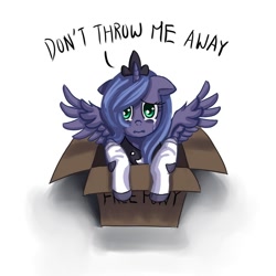 Size: 750x750 | Tagged: dead source, safe, artist:ninjaham, character:princess luna, species:alicorn, species:pony, g4, acdsee, clothing, crying, cute, female, filly, looking at you, lunabetes, pony in a box, s1 luna, sad, socks, solo, woona