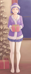 Size: 800x1880 | Tagged: safe, artist:ninjaham, character:twilight sparkle, species:human, christmas, christmas tree, clothing, fairy lights, hat, holiday, humanized, indoors, miniskirt, offscreen character, palette swap, pleated skirt, pov, present, recolor, santa hat, skirt, snow, standing, stockings, thigh highs, tree