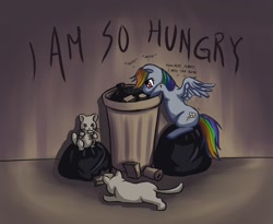 Size: 1100x900 | Tagged: dead source, safe, artist:ninjaham, character:rainbow dash, species:pegasus, species:pony, g4, acdsee, cat, crying, female, homeless, hungry, lonely, mare, sad, solo, trash, trash can