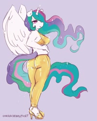 Size: 2000x2500 | Tagged: safe, artist:rainbowsprinklesart, character:princess celestia, species:alicorn, species:anthro, species:plantigrade anthro, species:pony, boobs and butt pose, clothing, female, high heels, high res, looking at you, looking back, midriff, shoes, signature, simple background, smiling