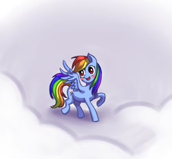 Size: 1300x1200 | Tagged: dead source, safe, artist:ninjaham, character:rainbow dash, species:pegasus, species:pony, g4, acdsee, blushing, cloud, cutie mark, female, happy, hooves, mare, on a cloud, open mouth, raised hoof, solo, spread wings, standing on a cloud, wings
