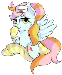 Size: 1280x1560 | Tagged: safe, artist:rainbowtashie, commissioner:bigonionbean, writer:bigonionbean, character:lightning dust, character:nurse redheart, oc, oc only, oc:instant care, species:earth pony, species:pegasus, species:pony, adorable face, clothing, cute, cutie mark, female, fusion, fusion:instant care, hair bun, hat, nurse hat, simple background, socks, solo, spread wings, striped socks, sultry pose, thick, transparent background