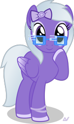 Size: 1800x3004 | Tagged: safe, artist:arifproject, oc, oc only, oc:comment, species:pegasus, species:pony, 2020 community collab, derpibooru, derpibooru community collaboration, derpibooru ponified, 2020, cute, female, glasses, meta, ponified, raised hoof, ribbon, simple background, smiling, solo, transparent background, vector