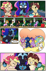 Size: 1800x2740 | Tagged: safe, artist:candyclumsy, commissioner:bigonionbean, writer:bigonionbean, character:princess cadance, character:princess celestia, character:princess luna, character:twilight sparkle, character:twilight sparkle (alicorn), oc, oc:king calm merriment, oc:queen motherly morning, oc:queen nightmare pulsar, species:alicorn, species:crystal pony, species:pony, comic:nightmare pulsar, alicorn oc, belly, candy, canterlot, canterlot castle, comic, crystal empire, dialogue, eating, embarrassed, fat, female, food, fusion, fusion:king calm merriment, fusion:king speedy hooves, fusion:queen motherly morning, fusion:queen nightmare pulsar, group hug, halloween, holiday, hug, husband and wife, jewelry, line-up, male, nightmare night, pastries, princess decadence, princess moonpig, pudgy, random pony, regalia, stuffed, stuffed belly, sweets, taste test, twilard sparkle