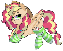 Size: 1280x1032 | Tagged: safe, artist:rainbowtashie, commissioner:bigonionbean, writer:bigonionbean, character:applejack, character:pinkie pie, character:rainbow dash, character:sunset shimmer, oc, oc:queen motherly morning, species:alicorn, species:pony, 2020 community collab, derpibooru community collaboration, adorable face, alicorn oc, alicorn princess, clothing, cowboy hat, cute, freckles, fusion, fusion:queen motherly morning, hairband, hat, royalty, scrunchie, seductive look, simple background, socks, stetson, striped socks, sultry pose, transparent background