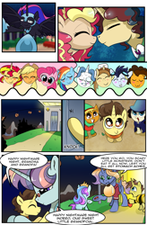 Size: 1800x2740 | Tagged: safe, artist:candyclumsy, commissioner:bigonionbean, writer:bigonionbean, character:applejack, character:cheese sandwich, character:donut joe, character:fancypants, character:pinkie pie, character:rainbow dash, character:soarin', character:sunset shimmer, oc, oc:aerial agriculture, oc:earthing elements, oc:king calm merriment, oc:king speedy hooves, oc:queen motherly morning, oc:queen nightmare pulsar, oc:tommy the human, species:alicorn, species:earth pony, species:pegasus, species:pony, species:unicorn, comic:nightmare pulsar, alicorn oc, candy, canterlot, canterlot castle, clothing, comic, costume, crystal empire, dialogue, female, flying, food, fusion, fusion:aerial agriculture, fusion:earthing elements, fusion:king calm merriment, fusion:king speedy hooves, fusion:queen motherly morning, fusion:queen nightmare pulsar, glasses, grandmother, grandmother and grandchild, grandparent and grandchild moment, grandparents, halloween, holiday, house, husband and wife, jewelry, magician outfit, male, mango, monocle, nerd pony, nightmare night, nuzzles, random pony, regalia, stallion, thought bubble