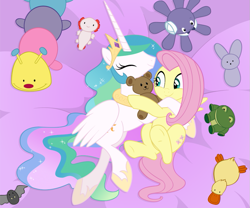 Size: 843x703 | Tagged: safe, artist:queencold, character:fluttershy, character:princess celestia, species:alicorn, species:pegasus, species:pony, cuddling, cute, cutelestia, duo, female, plushie, shyabetes, snuggling, stuffed animals, teddy bear