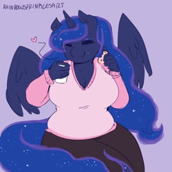 Size: 3000x3000 | Tagged: safe, artist:rainbowsprinklesart, character:princess luna, species:alicorn, species:anthro, species:pony, busty princess luna, chest fluff, chubby, cleavage fluff, clothing, cookie, cute, eating, ethereal mane, female, food, galaxy mane, glass, heart, lunabetes, milk, plump, simple background, smiling, sweater, thick
