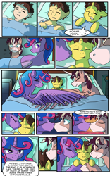 Size: 1800x2884 | Tagged: safe, artist:candyclumsy, commissioner:bigonionbean, writer:bigonionbean, oc, oc:king speedy hooves, oc:queen galaxia, oc:tommy the human, species:alicorn, species:human, species:pony, comic:nightmare pulsar, alicorn oc, bad dream, bed, bedroom, canterlot, canterlot castle, clothing, colt, comic, concerned, cute, dawwww, family, father and son, female, fusion, fusion:king speedy hooves, fusion:queen galaxia, halloween, holiday, human oc, human to pony, husband and wife, kissing, levitation, loving embrace, magic, male, mother and son, nightmare night, nuzzles, nuzzling, pajamas, peaceful, reassurance, reversion, scared, sleeping, stallion, telekinesis, tired, together forever, transformation, wing extensions, yawn