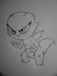 Size: 400x533 | Tagged: safe, artist:queencold, oc, oc only, oc:jade, species:dragon, baby dragon, black and white, dragoness, grayscale, monochrome, sketch