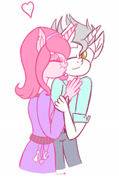 Size: 1378x2039 | Tagged: safe, artist:illumnious, oc, oc:flares midnight, oc:marc moses, species:anthro, species:pony, species:unicorn, anthro oc, duo, female, heart, kiss on the cheek, kissing, male, oc x oc, shipping, simple background, straight, white background