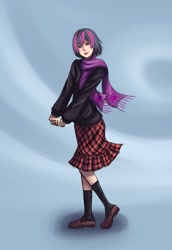 Size: 1000x1450 | Tagged: dead source, safe, artist:ninjaham, character:twilight sparkle, species:human, g4, abstract background, acdsee, clothing, female, humanized, scarf, skirt, solo