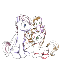 Size: 1600x1600 | Tagged: safe, artist:gashiboka, oc, oc only, oc:pun, parent:oc:pun, parents:oc x oc, species:earth pony, species:pegasus, species:pony, ask pun, ask, boop, colt, family, female, filly, male, mare, offspring, pony hat, prone, simple background, sitting, smiling, stallion, white background