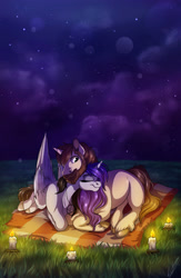 Size: 2500x3840 | Tagged: safe, artist:lupiarts, oc, oc only, species:pony, blanket, candle, commission, cuddling, cute, digital art, female, grass, love, male, mare, night, nightsky, romance, romantic, stallion, starry sky
