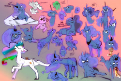 Size: 4472x3000 | Tagged: safe, artist:alumx, character:princess cadance, character:princess celestia, character:princess luna, character:queen chrysalis, character:tiberius, species:alicorn, species:changeling, species:pony, baby, bust, changeling queen, female, food, hand, ice cream, mare, opossum, pillow, vulgar, younger