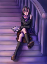 Size: 1275x1725 | Tagged: dead source, safe, artist:ninjaham, character:twilight sparkle, species:human, g4, acdsee, book, clothing, female, humanized, looking at you, scarf, sitting, skirt, solo, stairs