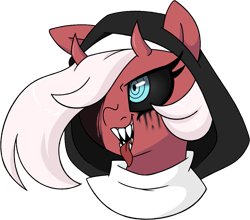 Size: 1089x957 | Tagged: safe, artist:notenoughapples, oc, oc:mother pravum, species:earth pony, species:pony, black sclera, demon, female, horns, makeup, mare, nun, running makeup, sharp teeth, simple background, solo, teeth, transparent background
