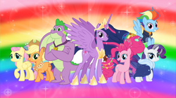 Size: 5360x3008 | Tagged: safe, artist:andoanimalia, character:applejack, character:fluttershy, character:pinkie pie, character:rainbow dash, character:rarity, character:spike, character:twilight sparkle, character:twilight sparkle (alicorn), species:alicorn, species:dragon, species:earth pony, species:pegasus, species:pony, species:unicorn, episode:the last problem, g4, my little pony: friendship is magic, absurd resolution, buff spike, gigachad spike, jewelry, looking at you, mane seven, mane six, older, older applejack, older fluttershy, older mane seven, older mane six, older pinkie pie, older rainbow dash, older rarity, older spike, older twilight, princess twilight 2.0, rainbow background, regalia, winged spike