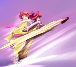 Size: 1500x1321 | Tagged: dead source, safe, artist:ninjaham, character:apple bloom, species:human, g4, acdsee, female, humanized, kick, kung fu, motion blur, solo