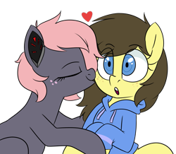 Size: 1529x1333 | Tagged: safe, artist:notenoughapples, oc, oc:retro hearts, oc:vedalia rose, oc:vee, species:pegasus, species:pony, clothing, cute, female, hoodie, kissing, lesbian, oc x oc, shipping, simple background, transparent background