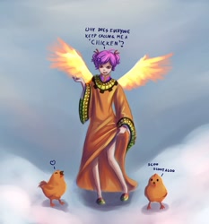 Size: 1400x1500 | Tagged: dead source, safe, artist:ninjaham, character:scootaloo, species:chicken, species:human, species:pegasus, species:pony, g4, acdsee, clothing, female, humanized, robe, scootachicken, skinny, solo, winged humanization, wings