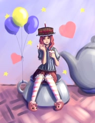 Size: 1275x1650 | Tagged: source needed, useless source url, safe, artist:ninjaham, character:pinkie pie, species:human, g4, acdsee, balloon, cake, clothing, cupcake, female, hat, humanized, sitting, solo