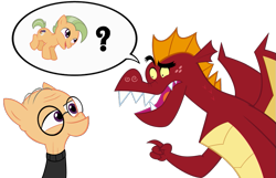 Size: 927x597 | Tagged: safe, artist:queencold, character:garble, oc, species:dragon, species:pony, dialogue, duo, elderly, male, simple background, speech bubble, stallion, teenaged dragon, transparent background