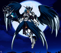 Size: 4150x3642 | Tagged: safe, artist:mauroz, character:princess luna, species:human, cloud, dark skin, female, full moon, high res, horn, horned humanization, humanized, moon, night, sky, solo, winged humanization, wings