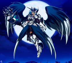 Size: 4150x3642 | Tagged: safe, alternate version, artist:mauroz, character:princess luna, species:human, armor, cloud, female, flag, full moon, high res, horn, horned humanization, humanized, moon, night, sky, solo, winged humanization, wings