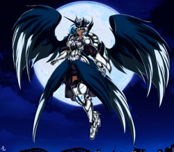 Size: 4150x3642 | Tagged: safe, alternate version, artist:mauroz, character:princess luna, species:human, armor, cloud, female, full moon, horn, horned humanization, humanized, moon, night, sky, solo, winged humanization, wings