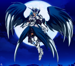 Size: 4150x3642 | Tagged: safe, alternate version, artist:mauroz, character:princess luna, species:human, armor, cloud, female, full moon, high res, horn, horned humanization, humanized, moon, night, sky, solo, winged humanization, wings