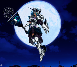 Size: 4150x3642 | Tagged: safe, alternate version, artist:mauroz, character:princess luna, species:human, armor, cloud, female, flag, full moon, gauntlet, high res, humanized, moon, night, sky, solo