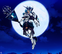 Size: 4150x3642 | Tagged: safe, alternate version, artist:mauroz, character:princess luna, species:human, armor, cloud, female, flag, full moon, gauntlet, high res, humanized, moon, night, sky, solo