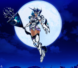 Size: 4150x3642 | Tagged: safe, alternate version, artist:mauroz, character:princess luna, species:human, armor, cloud, female, flag, full moon, gauntlet, high res, horn, horned humanization, humanized, moon, night, sky, solo