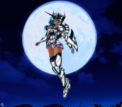 Size: 4150x3642 | Tagged: safe, alternate version, artist:mauroz, character:princess luna, species:human, armor, cloud, female, full moon, gauntlet, high res, horn, horned humanization, humanized, moon, night, sky, solo