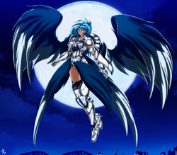 Size: 4150x3642 | Tagged: safe, artist:mauroz, character:princess luna, species:human, armor, city, cityscape, female, full moon, humanized, looking at you, magical girl, moon, solo