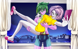Size: 3061x1926 | Tagged: safe, alternate version, artist:mauroz, character:spike, character:sweetie belle, ship:spikebelle, my little pony:equestria girls, absurd file size, anime, breasts, bridal carry, busty sweetie belle, carrying, clothing, cute, duo, female, glasses, human spike, legs, lucky, male, older, older sweetie belle, panties, red underwear, shipping, shirt, shoe dangling, shoes, slippers, straight, striped underwear, underwear