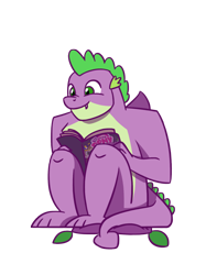 Size: 1280x1707 | Tagged: safe, artist:flutterluv, character:spike, species:dragon, episode:the last problem, g4, my little pony: friendship is magic, book, comic book, cute, gigachad spike, male, older, older spike, reading, simple background, sitting, smiling, solo, spikabetes, spike appreciation day, transparent background, winged spike