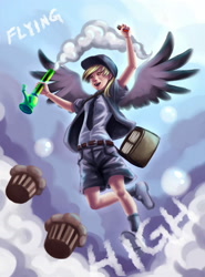 Size: 1275x1725 | Tagged: dead source, safe, artist:ninjaham, character:derpy hooves, species:human, g4, acdsee, bong, drugs, female, flying, humanized, mail, mailmare, muffin, pun, skinny, solo, winged humanization, wings