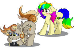 Size: 1280x817 | Tagged: safe, artist:rainbowtashie, commissioner:bigonionbean, writer:bigonionbean, character:carrot top, character:derpy hooves, character:golden harvest, oc, oc:clumsy carrot, oc:rainbow tashie, oc:rainbowtashie, species:earth pony, species:pegasus, species:pony, blushing, cutie mark, dat butt, dawwww, embarrassed, extra thicc, female, funny, fusion, fusion:clumsy carrot, mare, meme, nintendo 64, nintendo switch, simple background, sweat, thicc ass, transparent background