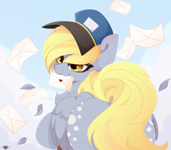 Size: 5000x4400 | Tagged: safe, alternate version, artist:xsatanielx, rcf community, character:derpy hooves, species:pegasus, species:pony, absurd resolution, both cutie marks, chest fluff, clothing, cute, derpabetes, female, hat, letter, looking back, mailmare, mare, mouth hold, rear view, smiling, solo, strategically covered