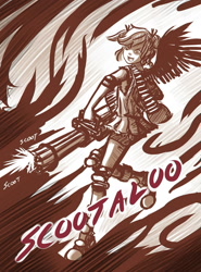 Size: 1275x1725 | Tagged: dead source, safe, artist:ninjaham, character:scootaloo, species:human, species:pegasus, species:pony, acdsee, female, gun, humanized, minigun, monochrome, solo, weapon, winged humanization, wings